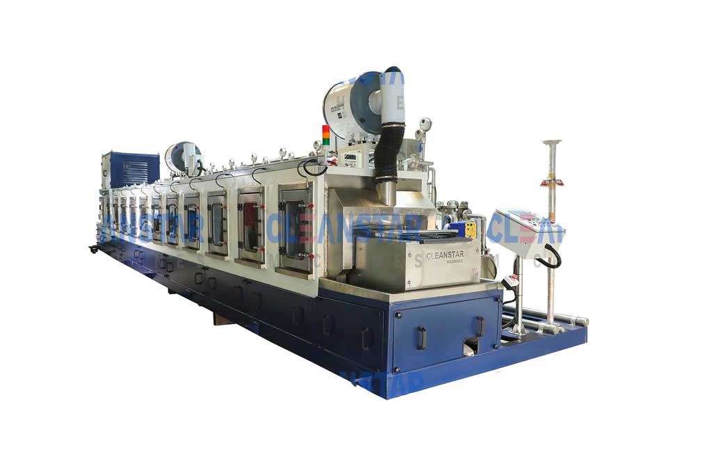 side view of multistage conveyor type component washing machine