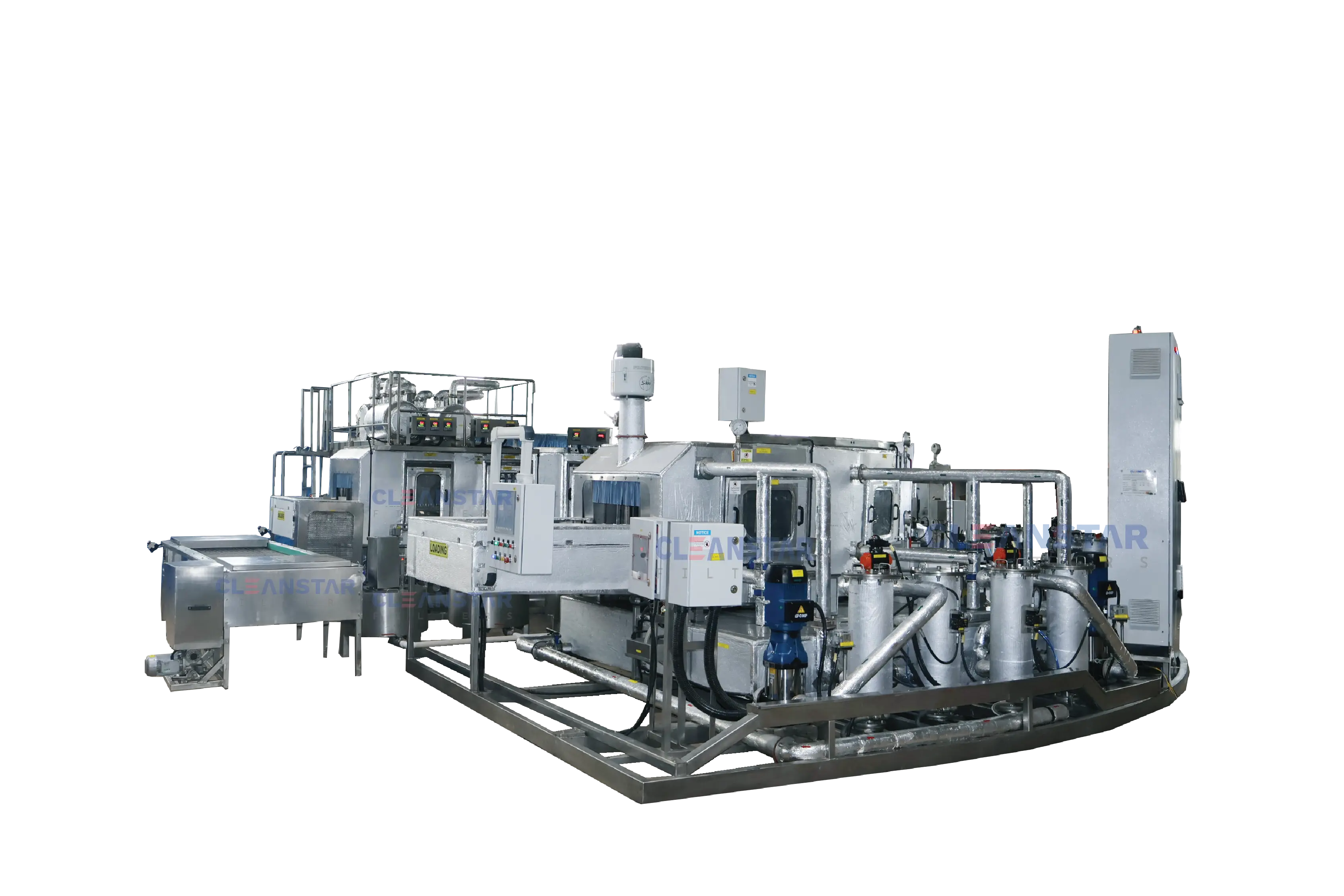 front view of u-shape conveyorised component cleaning machine