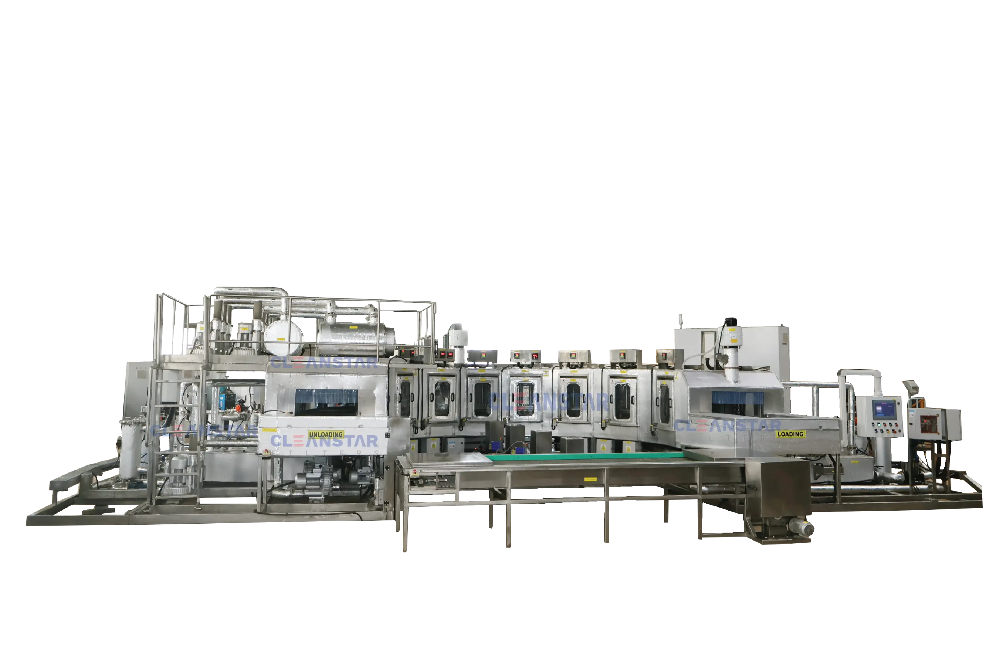 side view of u-shape conveyorised component cleaning machine